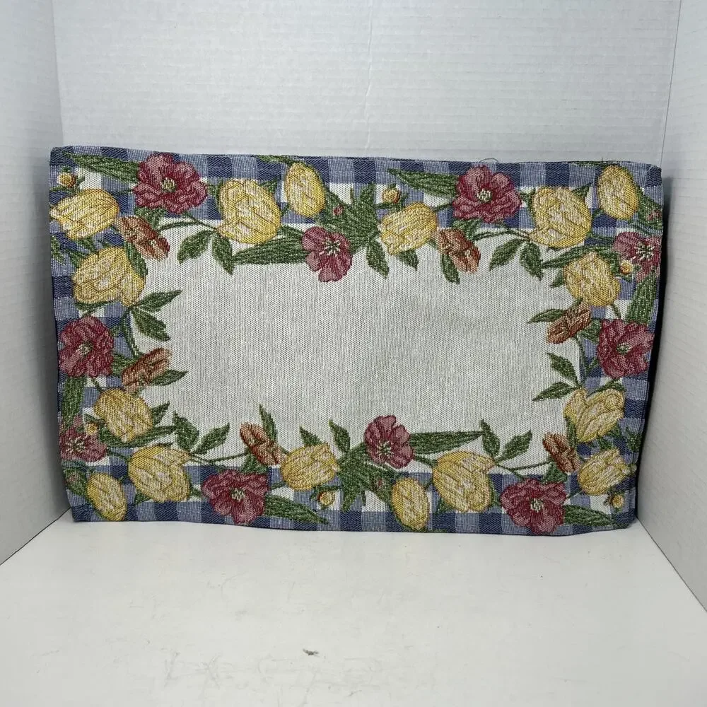 Tulip Flowers Blue White Checked Border Woven Tapestry 19